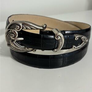 Black leather belt embossed crocodile print  silver tone ornate western buckle M